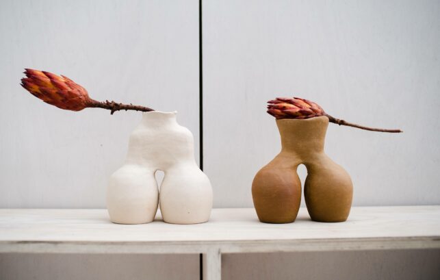 Image shows two ceramic vessels by Bisila Noha. On the right of the image is a white vessel, and on the left is a brown vessel. Red flowers are balanced on top of each vessel. The image has a white background, and the vessels are standing on a white bench.